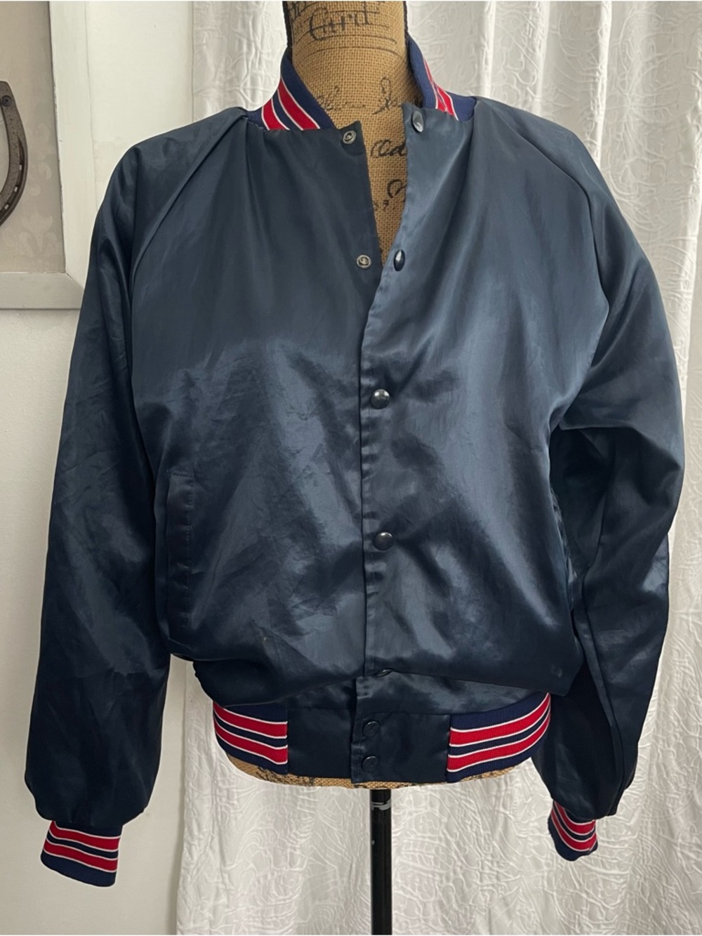 Hartwell Sports Vintage Navy Satin Bomber Baseball Jacket Size M